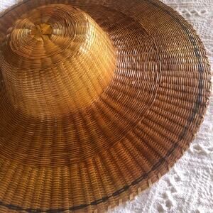 Vintage Handwoven Rattan Wide Brim Conical Sun Hat 5in Boho Basket Weave